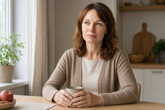 Kvinna i 50-arsaldern sitter eftertanksamt vid koksbordet med en kopp te i morgonljus, lugn och self-aware vid underlivssmarta i klimakteriet